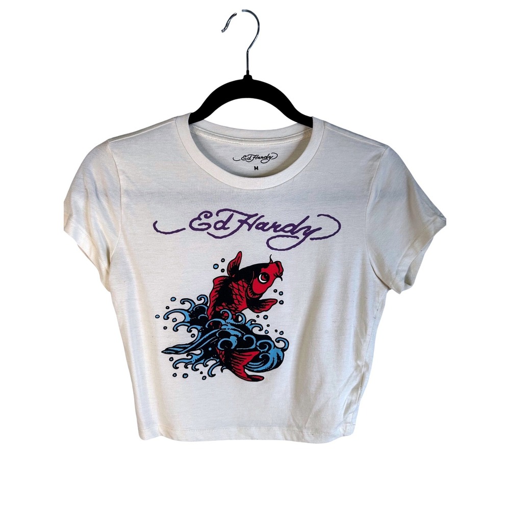 Ed Hardy Cream Koi Fish Graphic Tattoo Art Crop Top Tee Size Medium